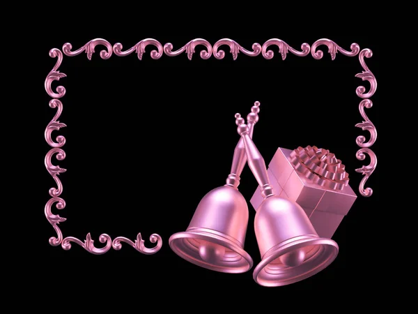 Beautiful metal vintage frame with Christmas bell isolated on black background. 3d illustration, 3d rendering. — 图库照片