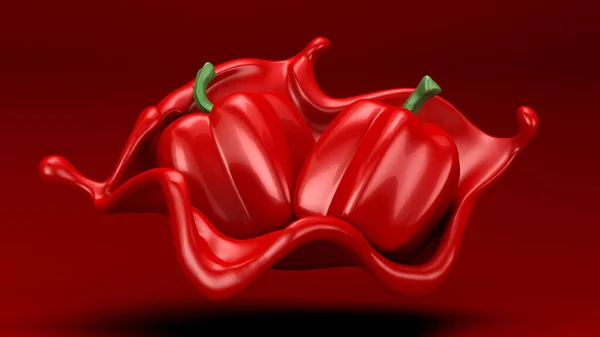 Fundo vermelho com respingo e pimenta. Ilustração 3d, renderização 3d . — Fotografia de Stock