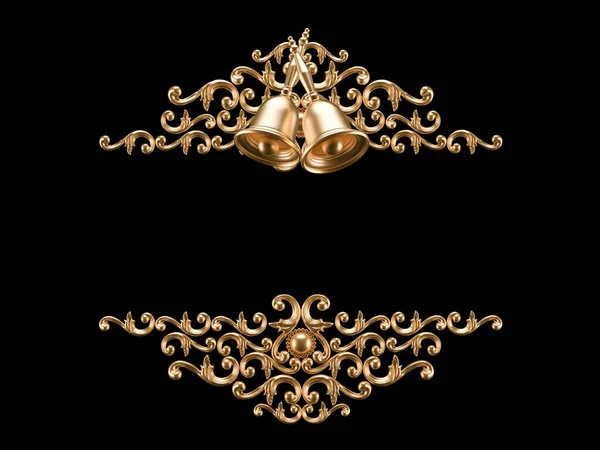 아름다운 금속 빈티지 프레임 과 크리스마스 벨 이 검은 배경에 분리되어 있습니다. 3D 삽화 , 3D 렌더링. — 스톡 사진