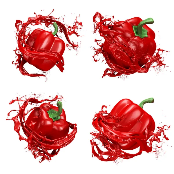 Seth, pacote, coleção de fundo vermelho bonito, abstrato com pimenta e salpicos de suco. Ilustração 3d, renderização 3d . — Fotografia de Stock