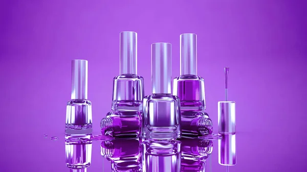 Lila, violett, lila elegant gyllene bakgrund med flaskor av nagellack. Mode, skönhet, makeup, manikyr. — Stockfoto