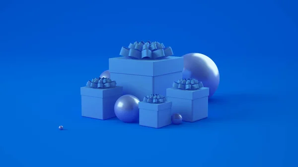 Fondo azul con un regalo, ilustración 3D, representación 3D — Foto de Stock