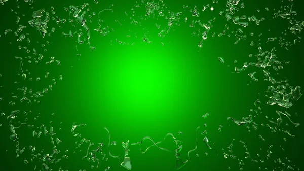 Schizzi d'acqua su sfondo verde, illustrazione 3D, rendering 3D — Foto Stock