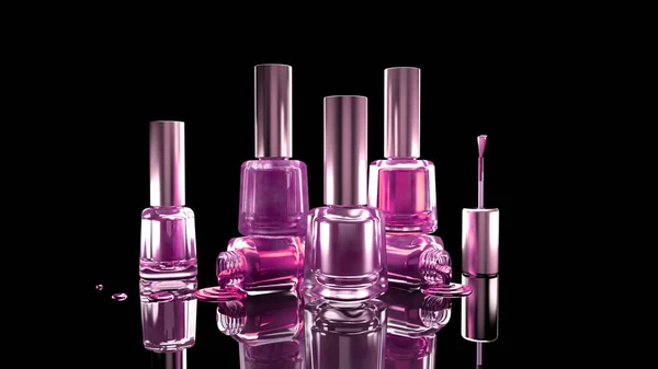 Sfondo nero elegante con bottiglie di lavanda e smalto viola. Moda, trucco, manicure, bellezza . — Foto Stock