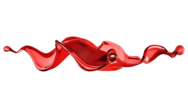 Beyaz arka planda şeffaf kırmızı bir sıvı sıçraması. 3d illüstrasyon, 3d canlandırma.