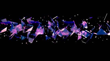 Cam kırıkları ve parıltılarla soyut siyah arkaplan. 3d illüstrasyon, 3d canlandırma.