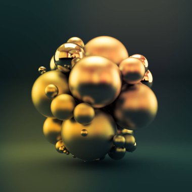 Topları, geometrisi, soyutlaması olan altın grisi bir arka plan. 3d illüstrasyon, 3d canlandırma.