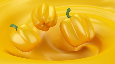 Güzel, soyut sarı arka plan, biber ve biraz meyve suyu. 3d illüstrasyon, 3d canlandırma.