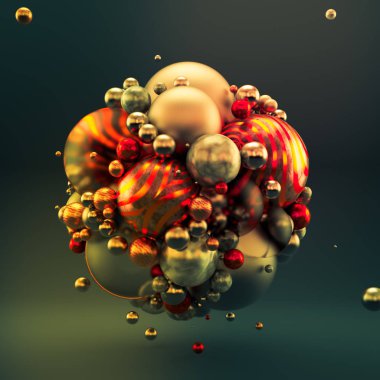 Metal topları olan soyut yeşil arka plan. 3d illüstrasyon, 3d canlandırma.