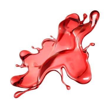 Beyaz arka planda şeffaf kırmızı bir sıvı sıçraması. 3d illüstrasyon, 3d canlandırma.
