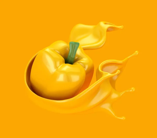 Fundo amarelo bonito e abstrato com pimenta e um toque de suco. Ilustração 3d, renderização 3d . — Fotografia de Stock