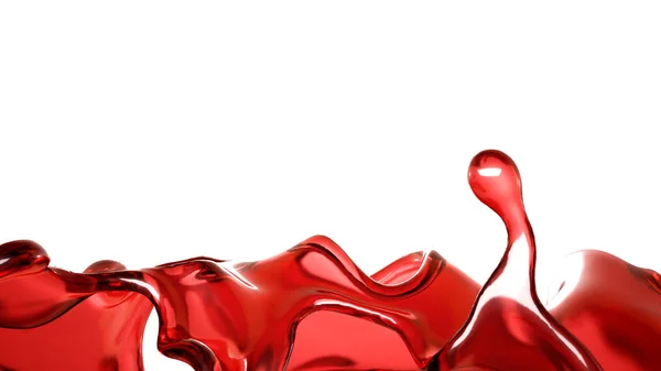 Una spruzzata di liquido rosso trasparente su fondo bianco. Illustrazione 3d, rendering 3d . — Foto Stock