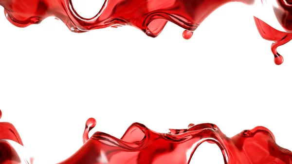 Una spruzzata di liquido rosso trasparente su fondo bianco. Illustrazione 3d, rendering 3d . — Foto Stock