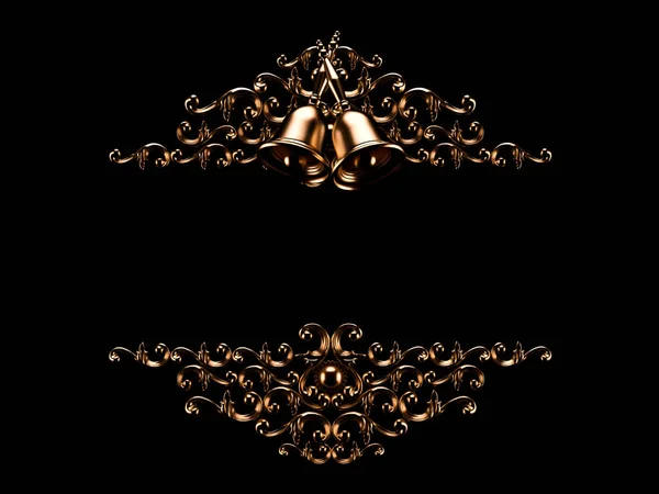 Piękna metalowa rama vintage z dzwonkiem na czarnym tle. Ilustracja 3D, renderowanie 3D. — Zdjęcie stockowe
