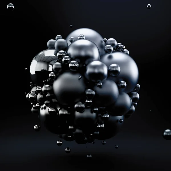 Sfondo astratto nero con forme geometriche da palle. Illustrazione 3d, rendering 3d . — Foto Stock