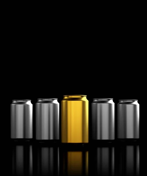 Black background with gold and silver aluminum cans. — Stock Photo, Image