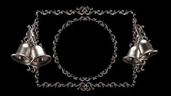 Mooi metalen vintage frame met kerstbel geïsoleerd op zwarte achtergrond. 3d illustratie, 3d weergave. — Stockfoto