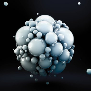 Toplardan geometrik şekiller alan siyah soyut bir arkaplan. 3d illüstrasyon, 3d canlandırma.