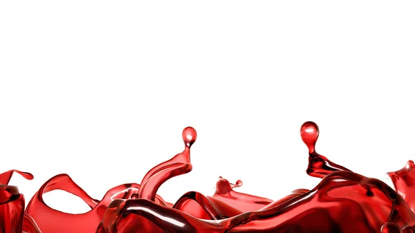 Una spruzzata di liquido rosso trasparente su fondo bianco. Illustrazione 3d, rendering 3d . — Foto Stock