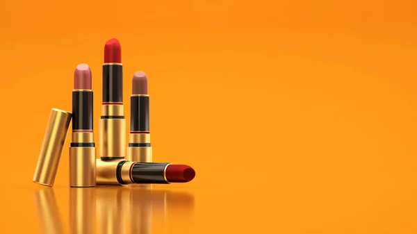 Lippenstift op een gele achtergrond. De buis, fles, stijl, make-up, lippen, beauty, make-up, gezichtsbehandelingen. Cosmetica. — Stockfoto