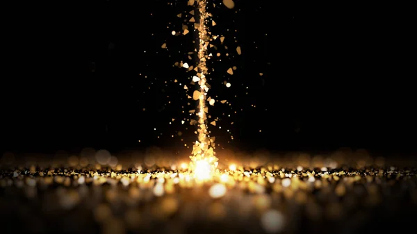 Stream glitter oro sfondo nero. Illustrazione 3d, rendering 3d — Foto Stock