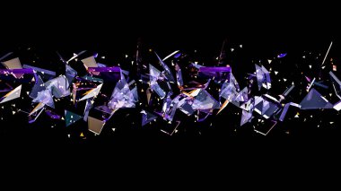 Cam kırıkları ve parıltılarla soyut siyah arkaplan. 3d illu