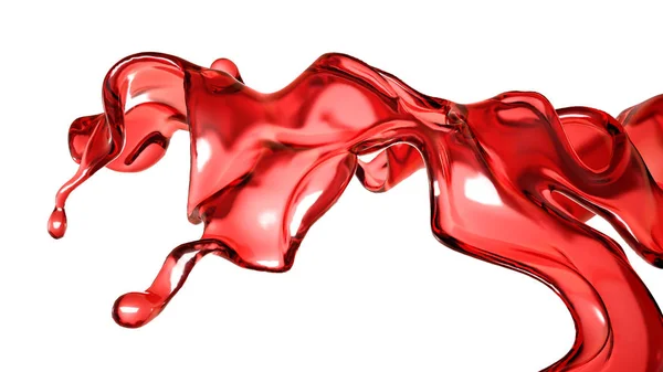 Una spruzzata di liquido rosso trasparente su fondo bianco. 3d i — Foto Stock