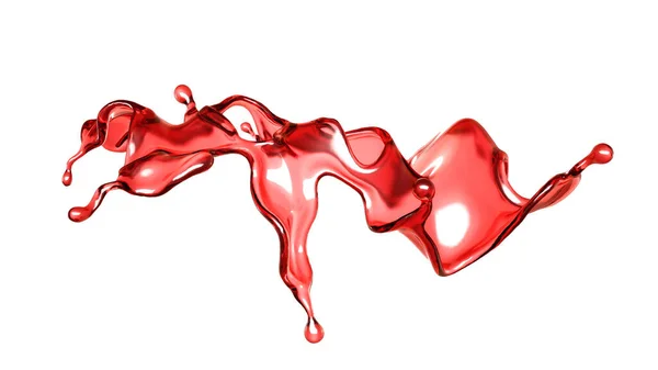 Plusk przezroczystego czerwonego płynu na białym tle. Ilustracja 3D, renderowanie 3D. — Zdjęcie stockowe