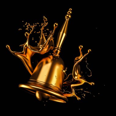 Güzel metalik bir Noel çanı ve bir tutam altın. 3d illüstrasyon, 3d canlandırma.