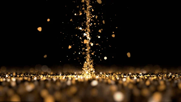 Stream glitter oro sfondo nero. Illustrazione 3d, rendering 3d . — Foto Stock