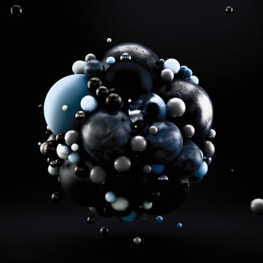 Toplardan geometrik şekiller alan siyah soyut bir arkaplan. 3d illüstrasyon, 3d canlandırma.