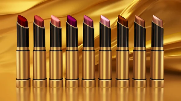 Lipstik pada latar belakang emas, kain terbang. Tabung, botol, gaya, riasan, bibir, kecantikan, make-up, wajah. Kosmetik . — Stok Foto