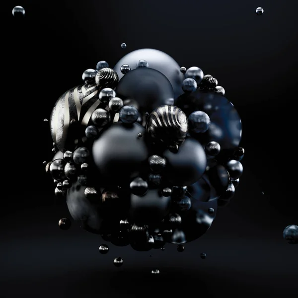 Μαύρο αφηρημένο φόντο με γεωμετρικά σχήματα από μπάλες. 3D απεικόνιση, 3d απόδοση. — Φωτογραφία Αρχείου