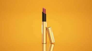 Sarı bir arka plan ruj. Şişe, ruj, Aksesuar, Stil, makyaj, dudaklar, güzellik, makyaj, Cilt Bakımı, ambalaj. Kozmetik.