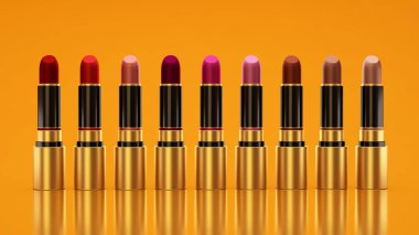 Sarı bir arka plan ruj. Tüp, şişe, Stil, makyaj, dudaklar, güzellik, makyaj, Cilt Bakımı. Kozmetik.