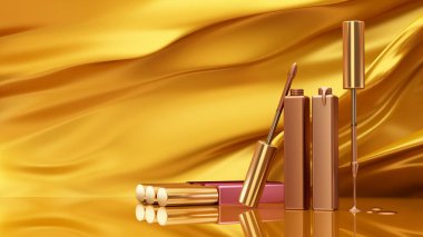 Altın arka plan ile dudak parlatıcısı kumaş hareketli arka plan üzerinde. Kozmetik, güzellik, moda, makyaj, makyaj, ruj.