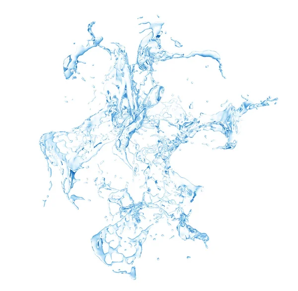 Ізольовані блакитні бризки води розбризкують на білому тлі. 3 — стокове фото