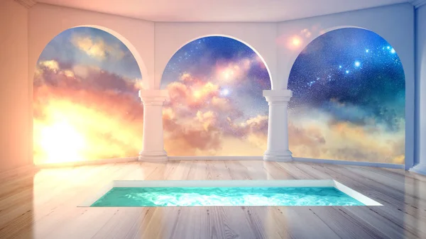 Piękne wnętrze z basenem i powietrza kolumny. źle 3D — Zdjęcie stockowe