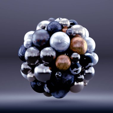 Toplarla mor geometrik arka plan. 3d illüstrasyon, 3d yırtık