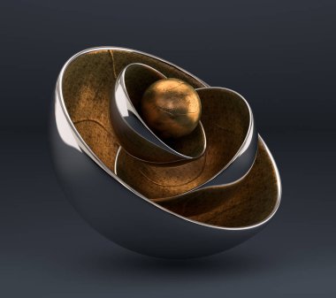 Topları, geometrisi, soyutlaması olan altın grisi bir arka plan. 3d illus