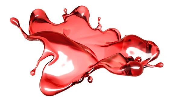 Una spruzzata di liquido rosso trasparente su fondo bianco. 3d i — Foto Stock