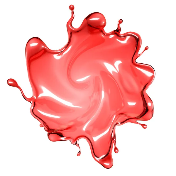 Una spruzzata di liquido rosso trasparente su fondo bianco. Illustrazione 3d, rendering 3d . — Foto Stock