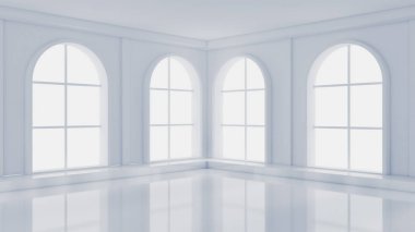 Beyaz, içi boş, pencereleri ve arka planı olan beyaz bir oda. 3d illüstrasyon, 3d canlandırma.