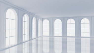 Beyaz, içi boş, pencereleri ve arka planı olan beyaz bir oda. 3d illüstrasyon, 3d canlandırma.