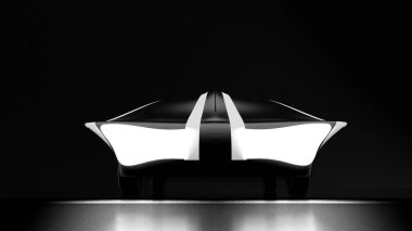 Siyah fütüristik, harika bir geçmişi ve spor arabası var. 3d illüstrasyon, 3d canlandırma.