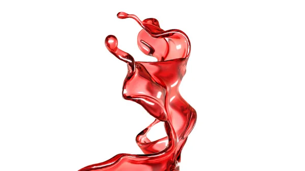 Una spruzzata di liquido rosso trasparente su fondo bianco. Illustrazione 3d, rendering 3d . — Foto Stock