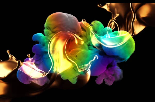 Goldspritzer und Rauch in Regenbogenfarbe auf schwarzem Hintergrund. 3D Illustration, 3D Rendering. — Stockfoto