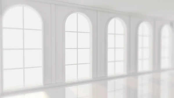 Beyaz, içi boş, pencereleri ve arka planı olan beyaz bir oda. 3d illüstrasyon, 3d canlandırma. — Stok fotoğraf