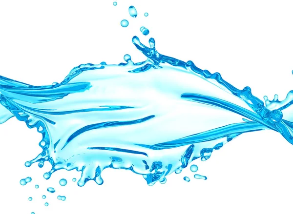 Átlátszó, kék, gyönyörű, elszigetelt fröccsenő víz fehér alapon. 3D illusztráció, 3D-s renderelés. — Stock Fotó