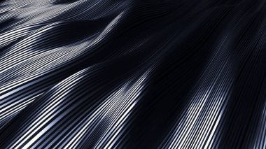 Siyah arkaplan, kumaşlar, gümüş ve çizgiler. 3d illüstrasyon, 3d canlandırma.